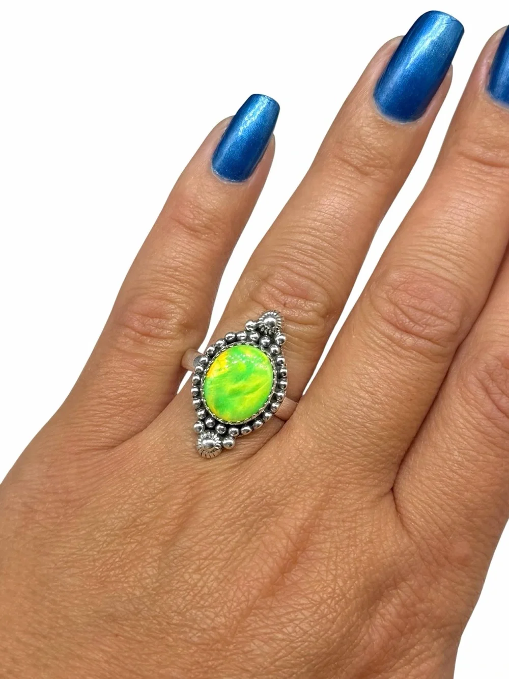 Lime Green Aurora Fire Opal Ring Size 9 Solid 925 Sterling Silver Aura